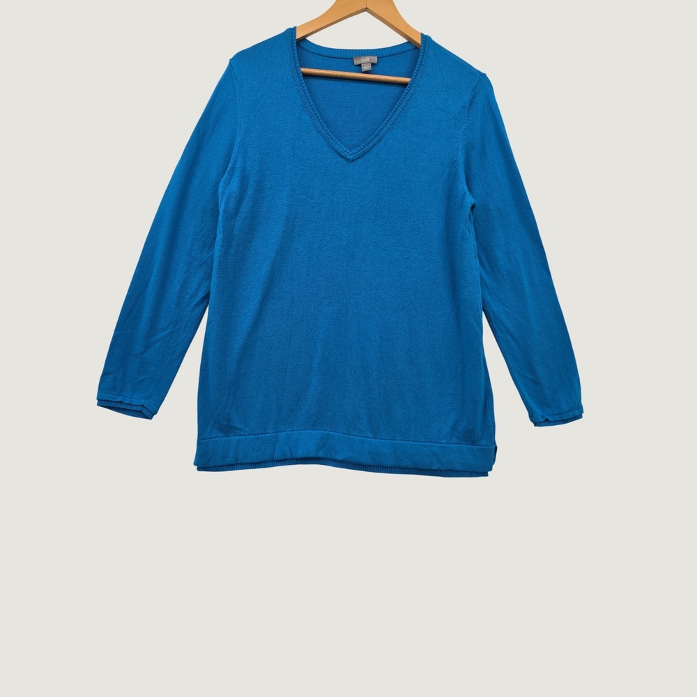 J. Jill Blue V-Neck Sweater Women Large Cotton Blend Knit Long Sleeve Top L
